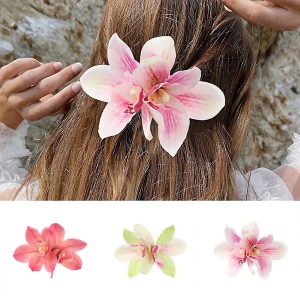 Dubbelblommig hårnål orkidé blommor hårklämmor Hawaii mode hårklo kvinnor（grön）