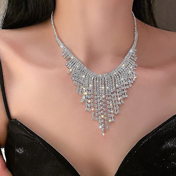 Rhinestone Tassel Chain Necklace Silver Crystal Bib Necklace Shiny Wedding Bridal Choker Necklace for Women and Girls