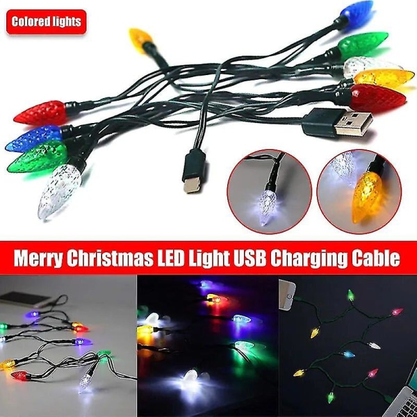 Merry Christmas Lights USB -kabel Dci-laddarsladdlampa Telefontyp C Laddkabel Luminous Light Rumsdekoration（2 i 1）