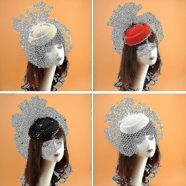 Hatt i filt for kvinner, topphatt med mesh-slør, liten plysj med polka dots, dekorativ hårklipp, bryllup, brude, cocktail, hodeplagg, 1 stk, svart