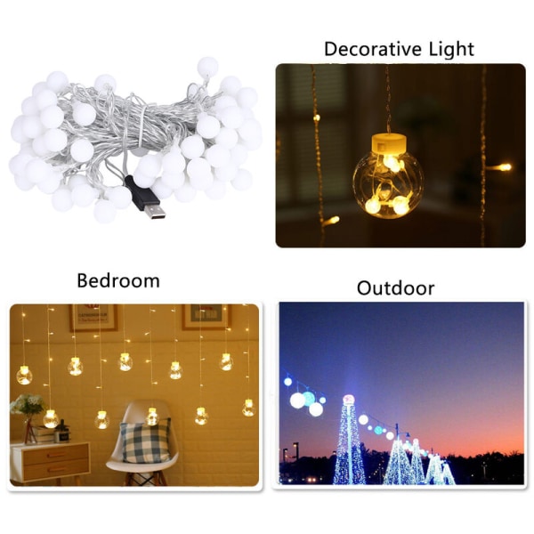 10m/32.8ft 80 LED LED String Lights Rund Ball USB Lamp Dekoration för hemmet sovrum bröllop dekoration