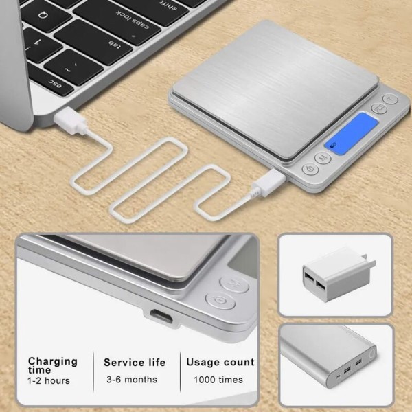 Digital köksvåg med USB-laddning, 0,1 g/3 kg digitalvåg, elektronisk precisionsvåg, Psc/Tare/LCD-displayfunktion, 9 enhetskonvertering