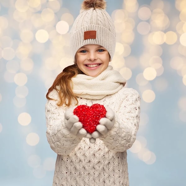 Set med 3 vintermössor, halsduk och handskar för flickor, stickad mössa, babyhatt, rund halsduk, flickor, vintervarm virkad tjock fleecescarf (beige)
