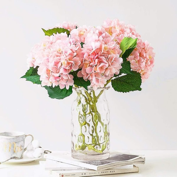 3 stk kunstige blomster Hortensia Blomster Silkebukett til bryllup Brudekontor Hjemmefestdekorasjon (hel rosa)