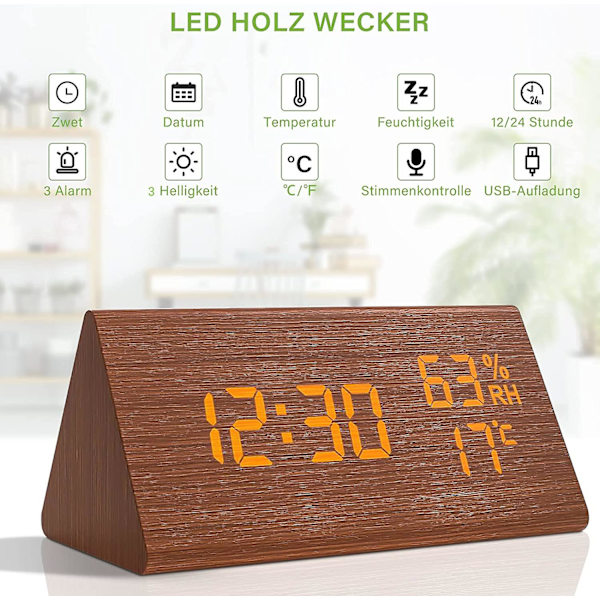 Trädigital väckarklocka, träväckarklocka med 3 larminställningar, LED elektronisk väckarklocka med tid och temperatur, ljudkontroll, snooze-funktion
