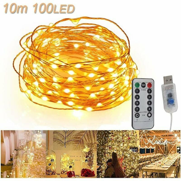 USB LED-ljusslinga 10M 100 LED Koppartråd Fjärrkontroll Vattentät IP65 Stämningsljus Ljusslinga - Varmvit?