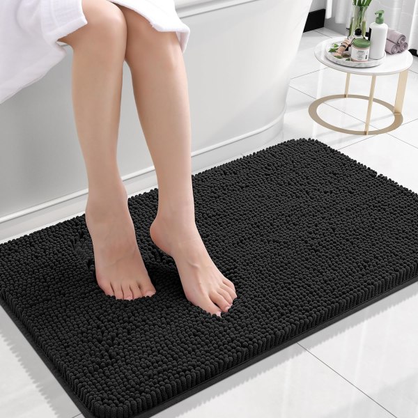 Super Soft Absorbent Chenille Bathroom Rug, Non-Slip Quick Dry Machine Washable Bath Mat for Tub and Shower, Black, 24x16