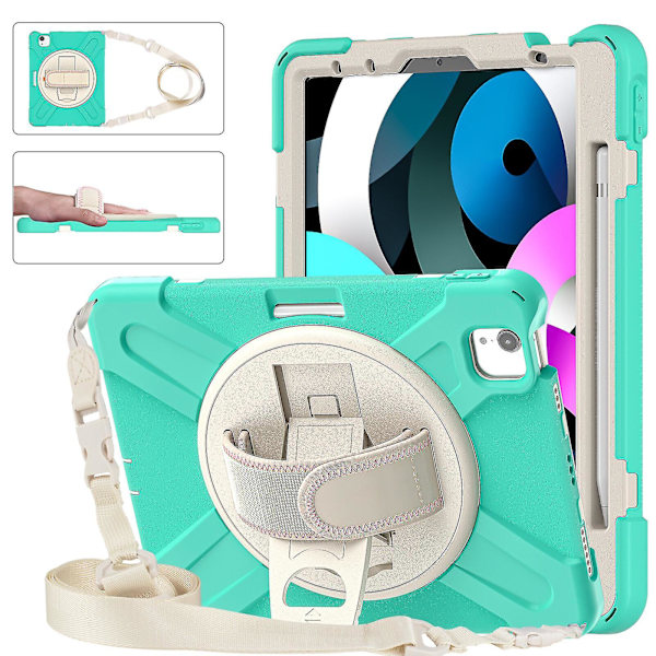 Nytt håndstroppdesign deksel for Ipad Air4 10,9 tommer med skulderstropp, justerbart stativ, pennholder, fallbeskyttelsesdeksel（Mintgrønn）
