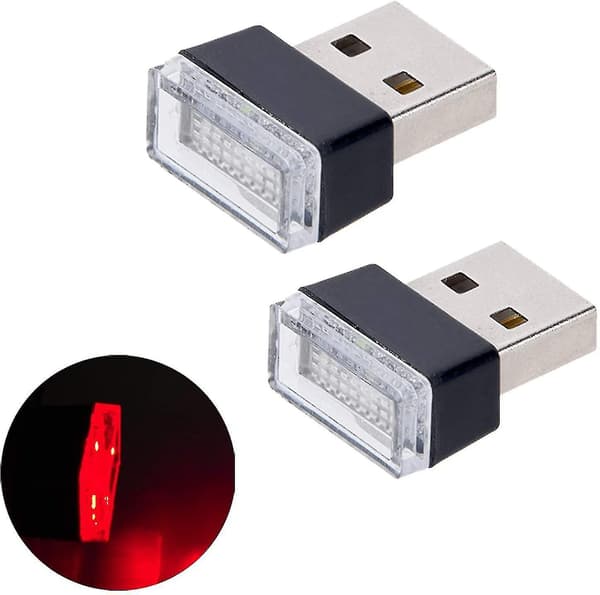 2 stk. Røde Universal Mini USB LED Bil Interiør Stemningslys for Bil Bagasjerom Stemningslys, Rød