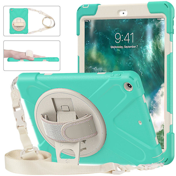 Nytt håndstroppdesign-etui for iPad 9,7 tommer med skulderstropp, justerbart stativ, pennholder, fallbeskyttelsesdeksel (mintgrønn)