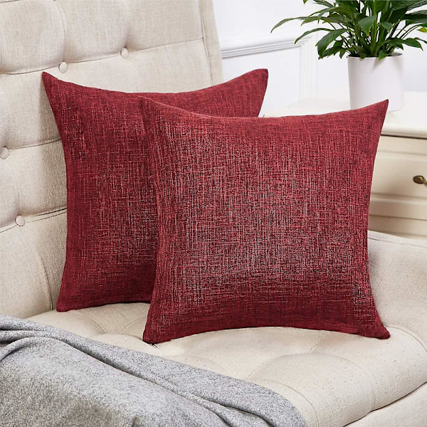 Set med 2 røde putetrekk i rustikt lin, dekorative firkantede pynteputer 18x18 tommer for sofa- og sofadekorasjon