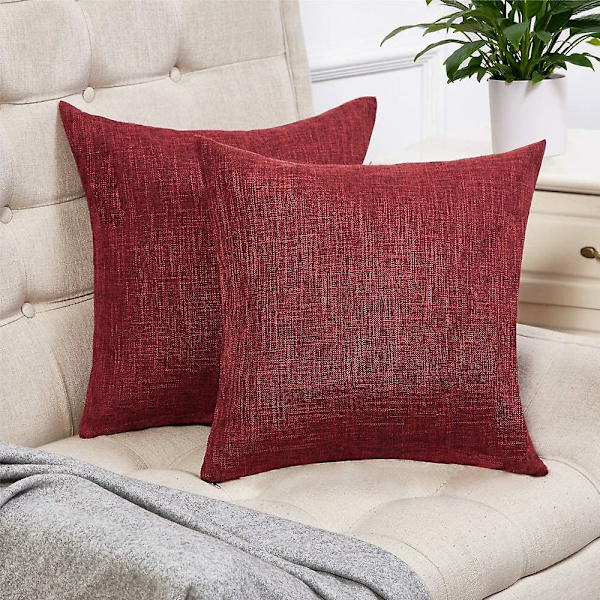 Set om 2 röda vinkuddfodral Rustik linne dekorativa fyrkantiga prydnadskuddfodral 20x20 tum för soffa soffdekoration