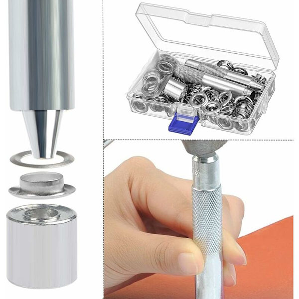 Grommetverktygssats, 10 mm metallgrommetsatser, 100-delad grommetsats, grommetkit för reparation av presenningstält i silver