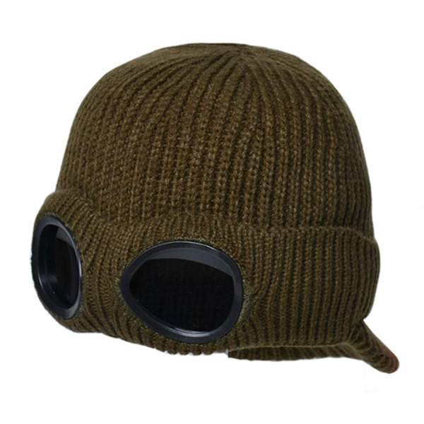 Bekväm vinterhatt vindtät brätte plysch kvinnor vinterlins glasögon stickad hatt vandringstillbehör（armégrön）