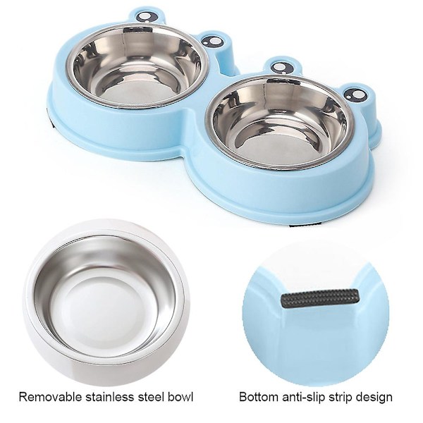 Frog Design Dobbelt Hundeskål i Rustfrit Stål til Hundehvalpe Vand- og Madskåle（blå）