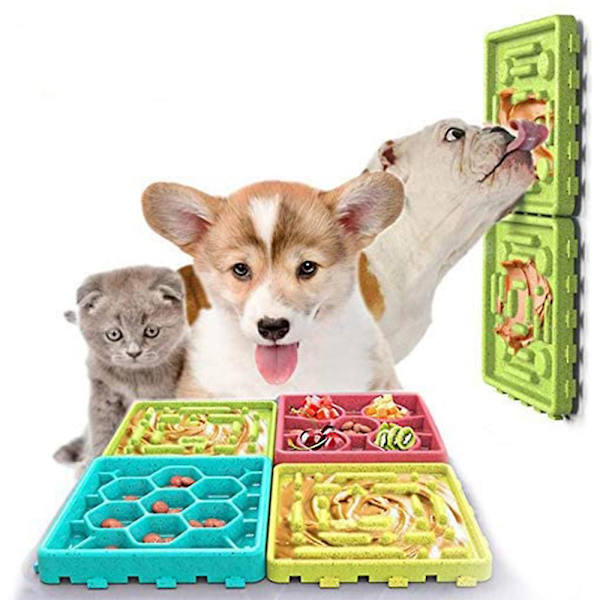 Set med matskålar för hundar, 2 st hundar långsam matare och 2 st slickmatta combo med sugkopp hundskål intressant interaktiv långsam matare hundskål