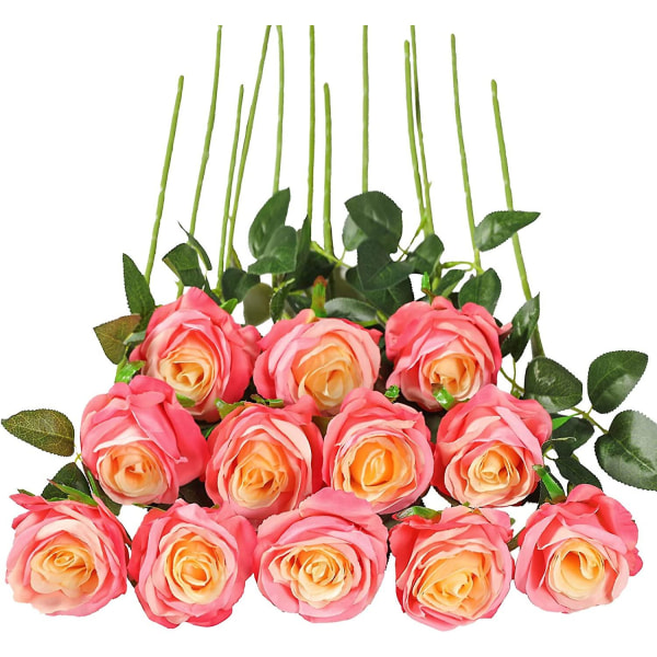 12-pack konstgjorda rosor, dekorerade falska sidenblommor med 19,68 tum enkel stjälk, naturtrogen blomma för hemträdgårdsfest Hotellbröllopsdekoration (rosa)