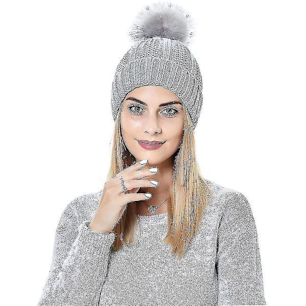 Strikket hue til kvinder med satinfor og pompon - Vintervarmerhue - Bubble Hat