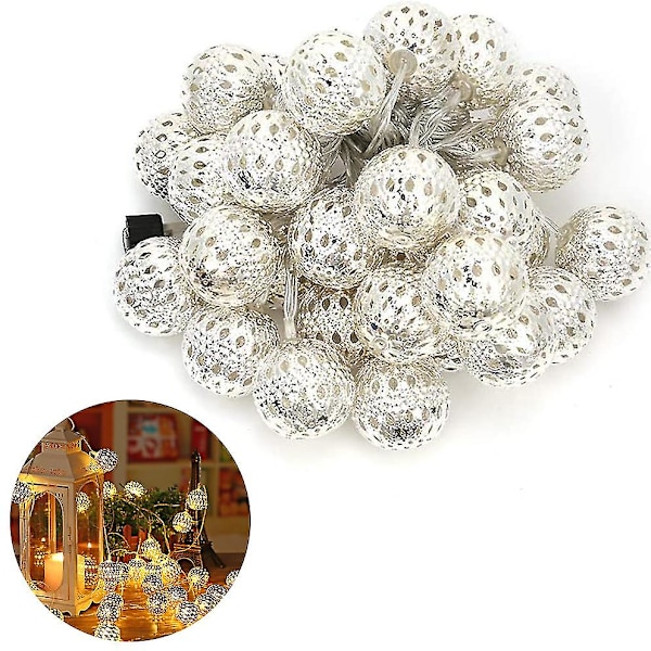 Led-fe-lampor inomhus, eldrivna med marockanska silverkulor, 10 m ljusslinga, ljusslinga för rum, bröllop