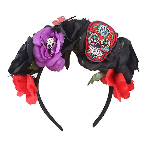 Halloween Kunstig Rose Blomster Hovedbånd Broderi Kranie 3d Til Sommerfugl Krone Krans Dag for de Døde Festival Hovedpi