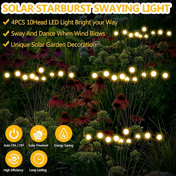 Utendørs solcellelamper, 2 stk. 10 LED solcelle-ildfluelys for hage, balkong, utendørs solcellelampe hagedekorasjon, vanntett Ip65, [energiklasse C