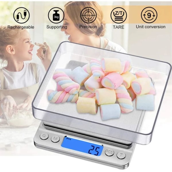 Digital köksvåg med USB-laddning, 0,1 g/3 kg digitalvåg, elektronisk precisionsvåg, Psc/Tare/LCD-displayfunktion, 9 enhetskonvertering