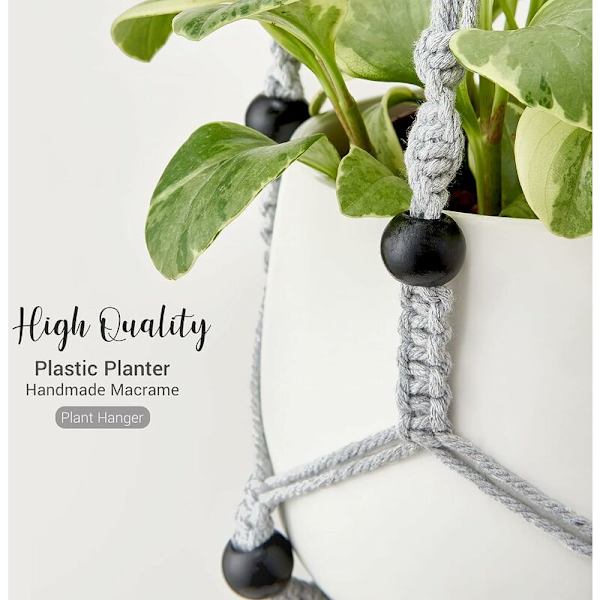 Macrame växt hängare inomhus hängande växtkorg med träpärlor dekorativ blomkruka hållare inga tofsar inomhus utomhus boho heminredning 35 tum grå