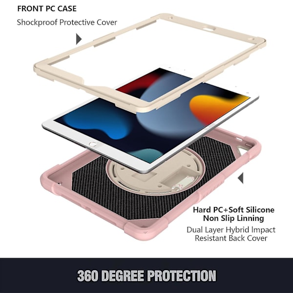 Värikäs kotelo iPad 10.2 tuumaa 2019 2020 olkahihnalla, käsihihnalla, säädettävällä telineellä, putoamissuojalla（Rose Pink）