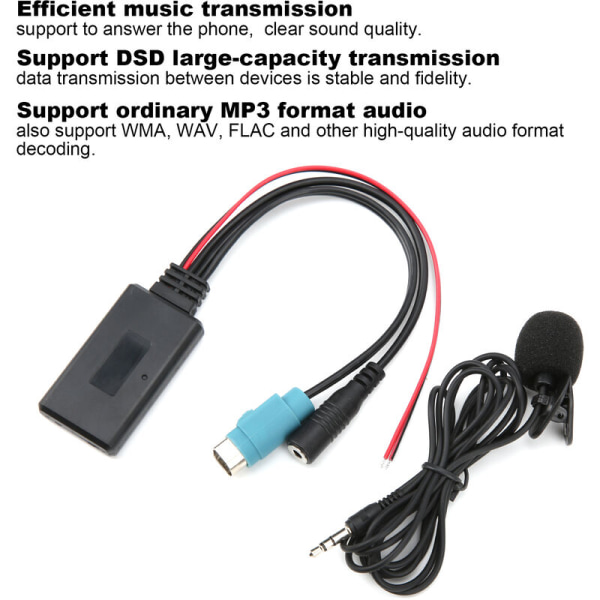 Bluetooth 5.0 AUX-kabeladapter med mikrofon, lämplig för Alpine KCE-236B CDA-9852/E CDE-9887/R