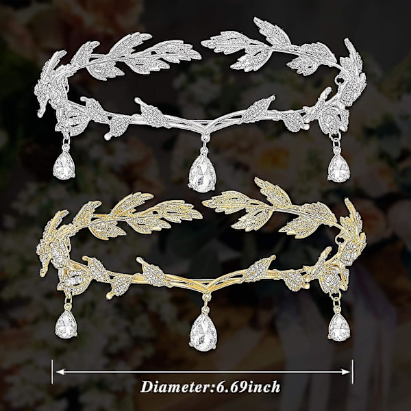 Bröllopskrona diadem kristallhänge tiara diadem blad diadem för skönhetstävlingar bröllop bal födelsedag nyår alla hjärtans dag - guld och silver (2-pack)