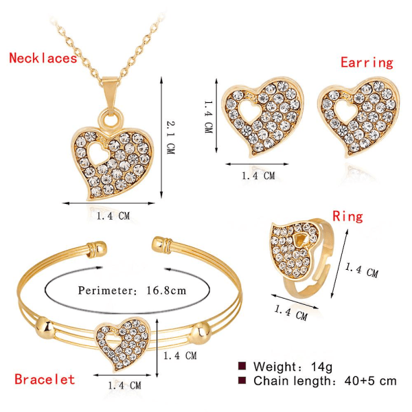 4 stk i 1 sett Valentinsdag Rhinestone øredobber sett Mote Kjærlighet Hjerte Design Armbånd Kreativ Stud Dangler Legering Halskjede Ring Smykker Dekor For K