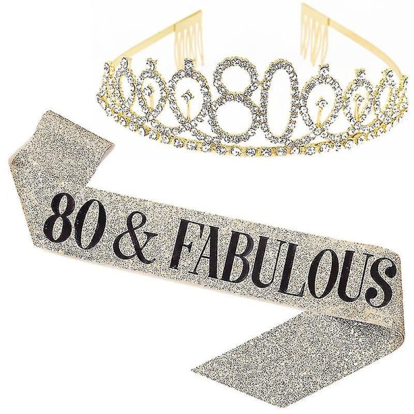 "80 And Fabulous" Sash Rhinestone Tiara Set - 80th Birthday Sash 80 Birthday Gifts Party Favors,gold