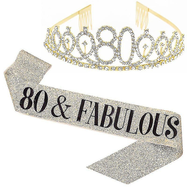 \"80 Og Fantastisk\" Sash Rhinestone Tiara Sæt - 80-års Fødselsdag Sash 80 Fødselsdag Gaver Festartikler, Guld