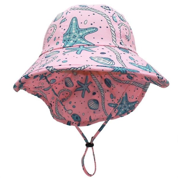 Sea World mønstret børne solhat, nakkebeskyttelse solhat, super solbeskyttelse Upf 50+, hætte størrelse 51-54cm (pink + søstjerne)