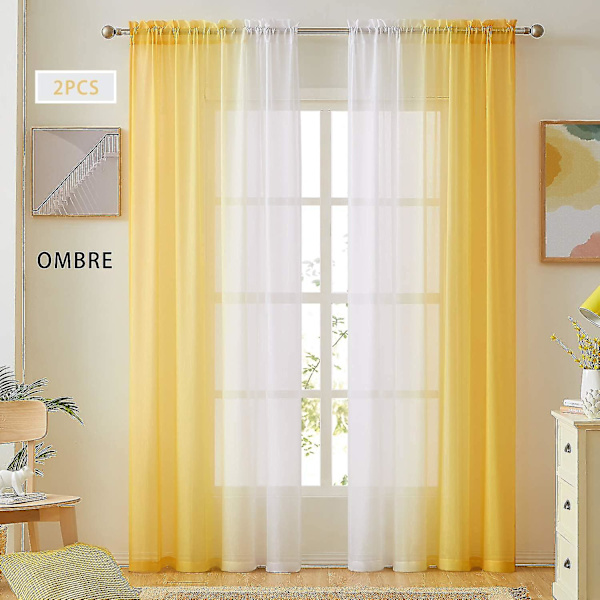 Gule Ombre Faux Linned Gardinpaneler Til Soveværelse Stue Stanglomme, 2 Tone Reversible Gradient Voile Semi Vindue Gardiner, Privatliv Og Lys Fil