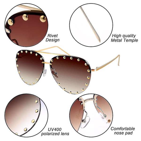 2 stk. Kvinde Rimless Oversized Studded Solbriller Gradient Linse Nitte Mode