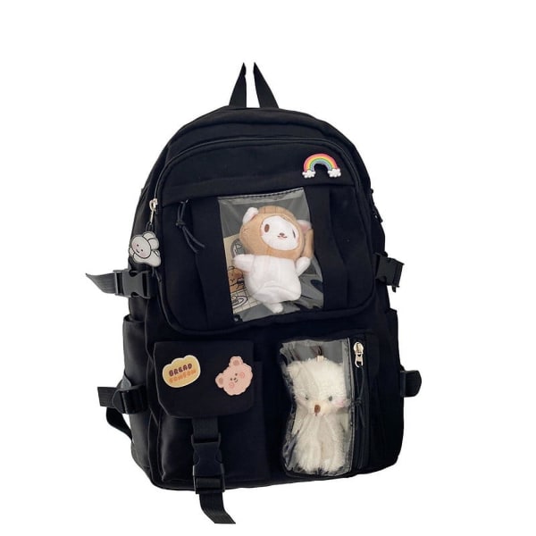 Badge And Plush Pendant School Backpack In Sleek Black, 11.4x5.3x16.9 Inches