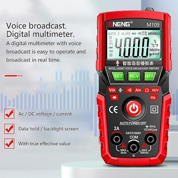 Digitalt voltmeter, amperemeter, ohmmeter, multimeter, spænding AC DC tester meter (sort)