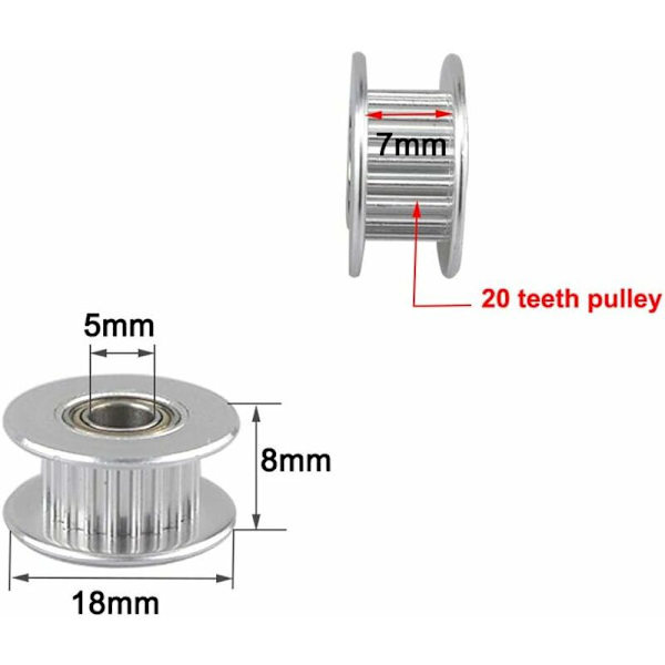 10 st GT2 Idler Pulley 20 tänder 5 mm hål, GT2 Aluminiumlegering Idler Pulley med dubbla kullager, för 3D-skrivare 6 mm bred kuggrem