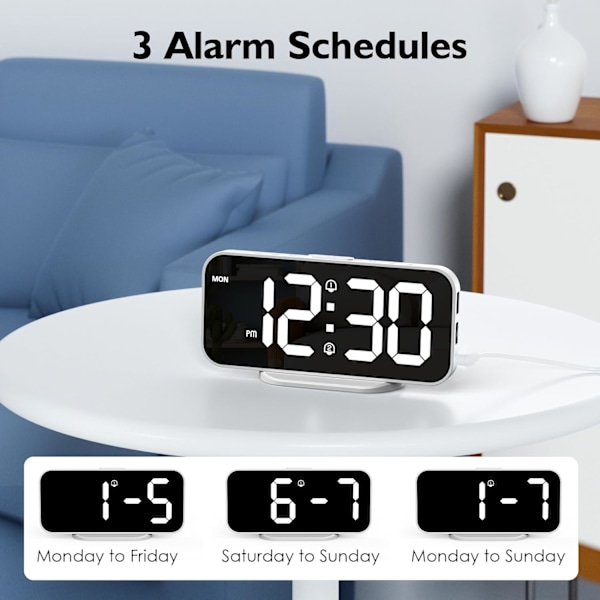 USB-driven dimbar digital väckarklocka med snooze-funktion och 2 USB-laddningsportar (vit)