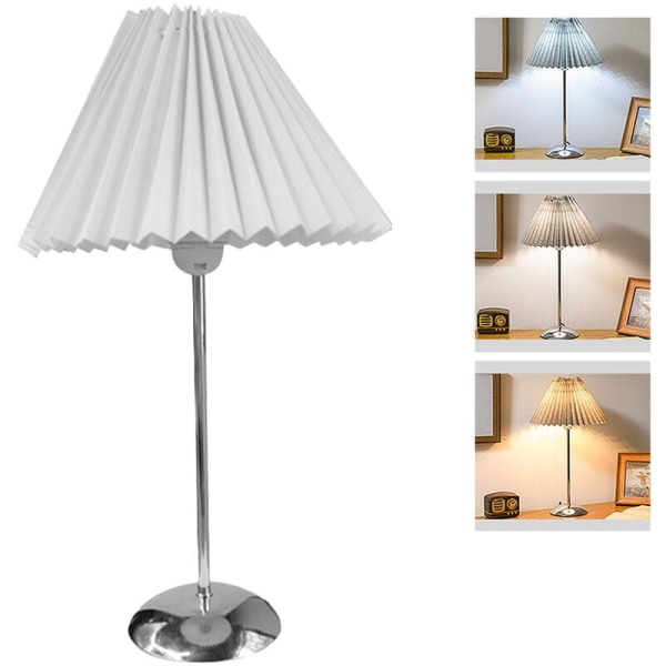 Bordslampa Sängbordslampa i metall med veckat tyg Lampskärm för sovrum Vardagsrum Trefärgad dimmer Vit