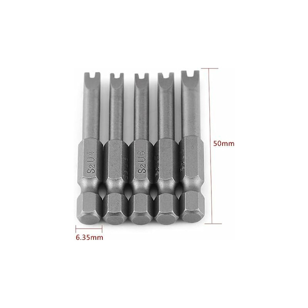 5 st U-formade skruvmejselbits 50 mm långa S2-stål 1/4 tum sexkantsfäste magnetisk U-formad skruvmejselbitssats