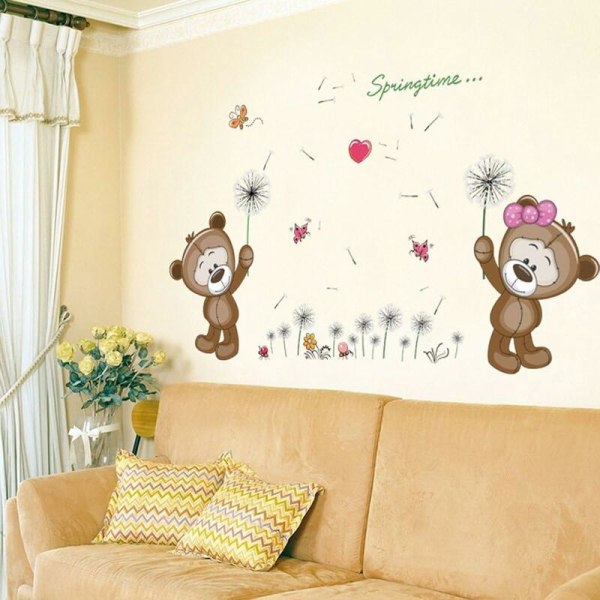 ?? Tecknad björnmaskros väggdekaler, avtagbara klistermärken för barnrum och barnrum