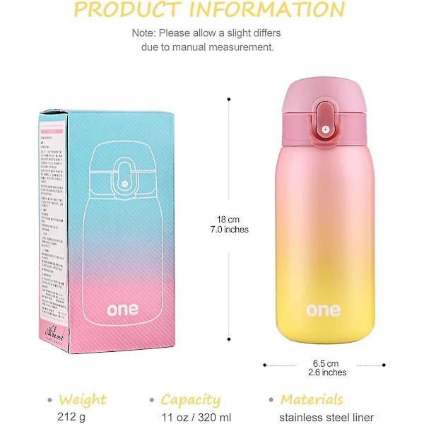 Barnens vattenflaska med flipplock, söt vattenflaska, 11 oz rostfritt stål vattenflaska för pojkar flickor, läckagesäker (rosa-gul)