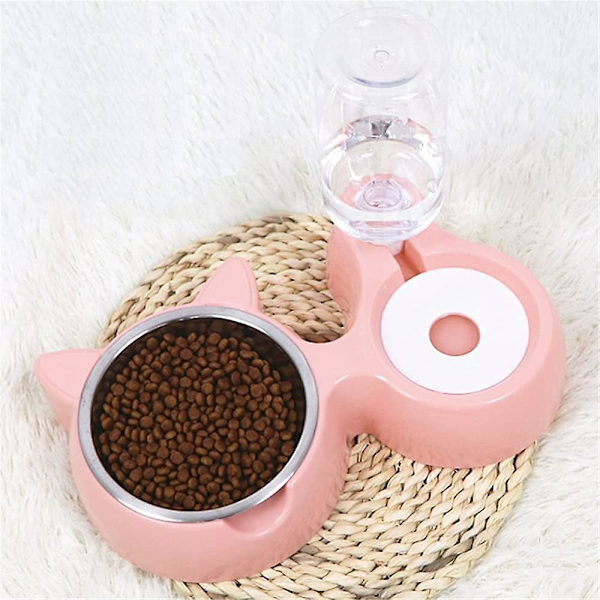 Katt- och hundskål, automatisk 2-i-1-skål för husdjur, tyst vattenbehållare med flaska, rostfri skål, spillsäker och anti-overflow dubbelskål (rosa)