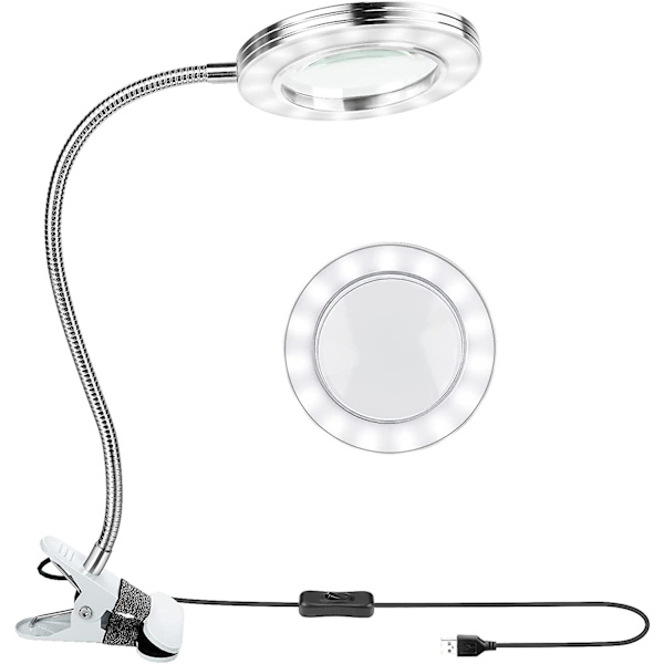 Förstoringslampa med LED-ljus, 360 flexibel skrivbordslampa med metallklämma USB-driven