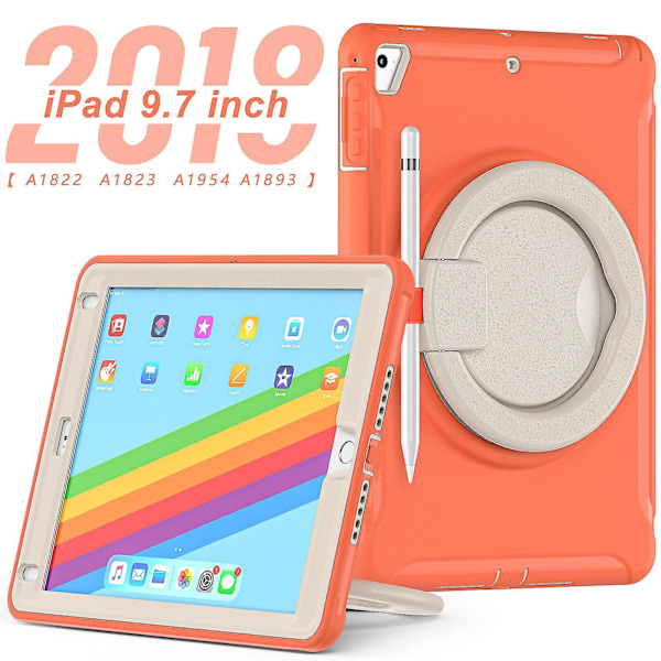 Nyt Etui Til Ipad 9.7 Tommer Med Roterende Stativ, Stødsikkert, Kamerabeskyttelse（Korallorange）