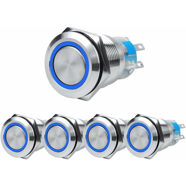 19mm tryckbrytare, DIY 12V brytare med indikatorlampa, låsning, metall, vattentät, 5-pack JSANKG-07 (blått ljus)