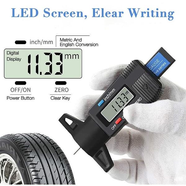 longziming Däckdjupmätare, däckmönsterdjupmätare, digital djupmätare med LCD-display för bilar, motorcyklar, lastbilar, metrisk/tum, 0-25mm