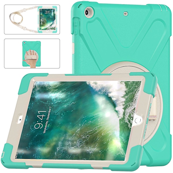 Nytt håndstroppdesign-etui for iPad 9,7 tommer med skulderstropp, justerbart stativ, pennholder, fallbeskyttelsesdeksel (mintgrønn)